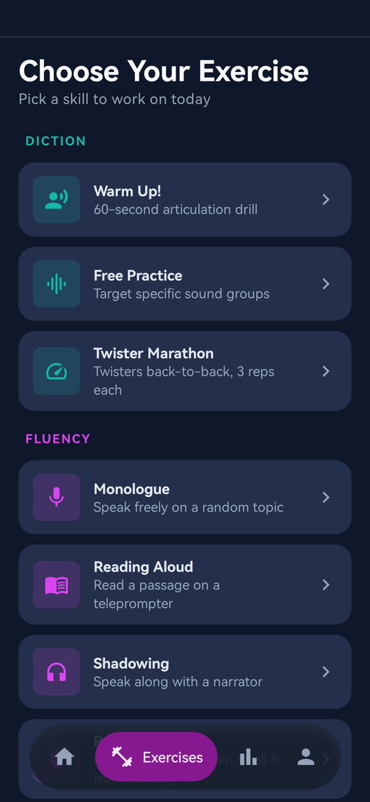 Eloqo exercise picker listing the articulation, speaking and vocabulary drills