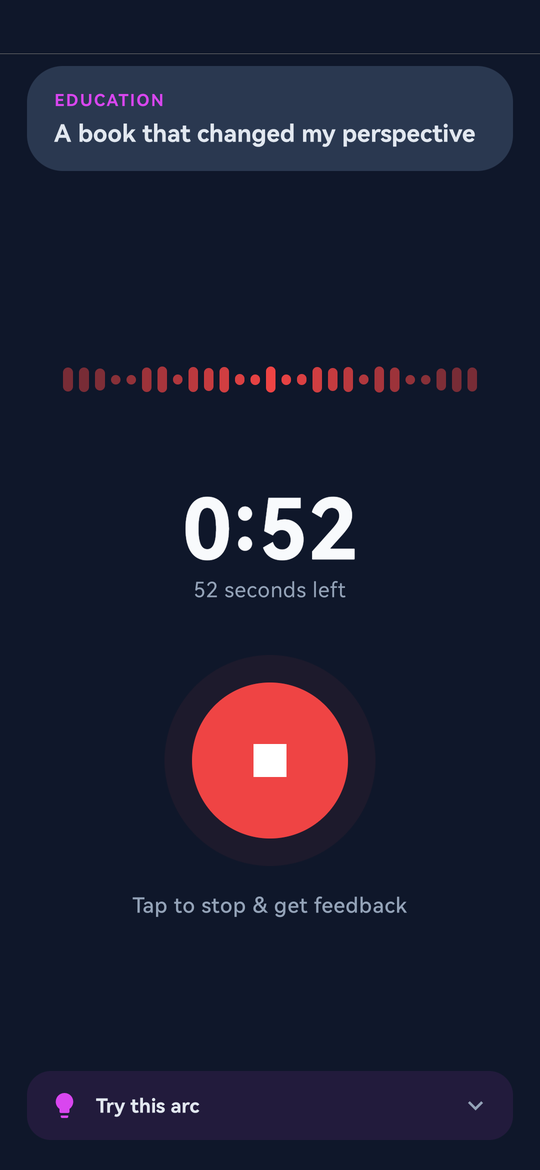 Eloqo recording a monologue with a live waveform and a countdown timer