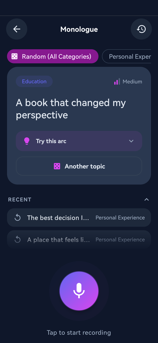 Eloqo showing a speaking topic card with the option to shuffle for a different prompt